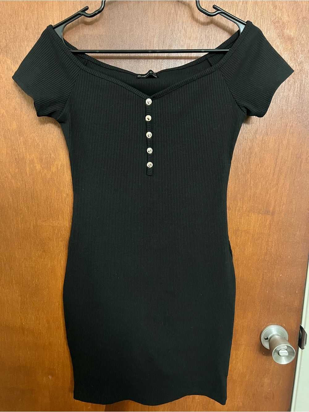Off-Shoulder Black Ribbed Button-Front Women's Dress